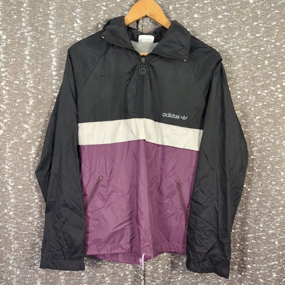 Vintage Adidas Trefoil 1/4 Zip Windbreaker Jacket Hidden‎ Hood Size Medium